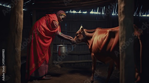 A Masai woman milks a cow in traditional clothing. Generative AI