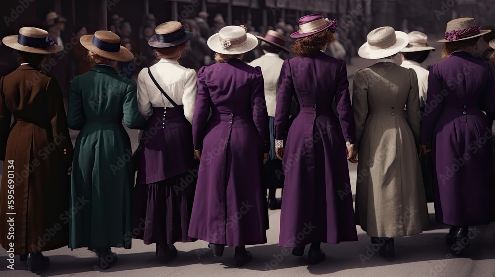 A group of women in purple vintage dresses march down the street. Generative AI
