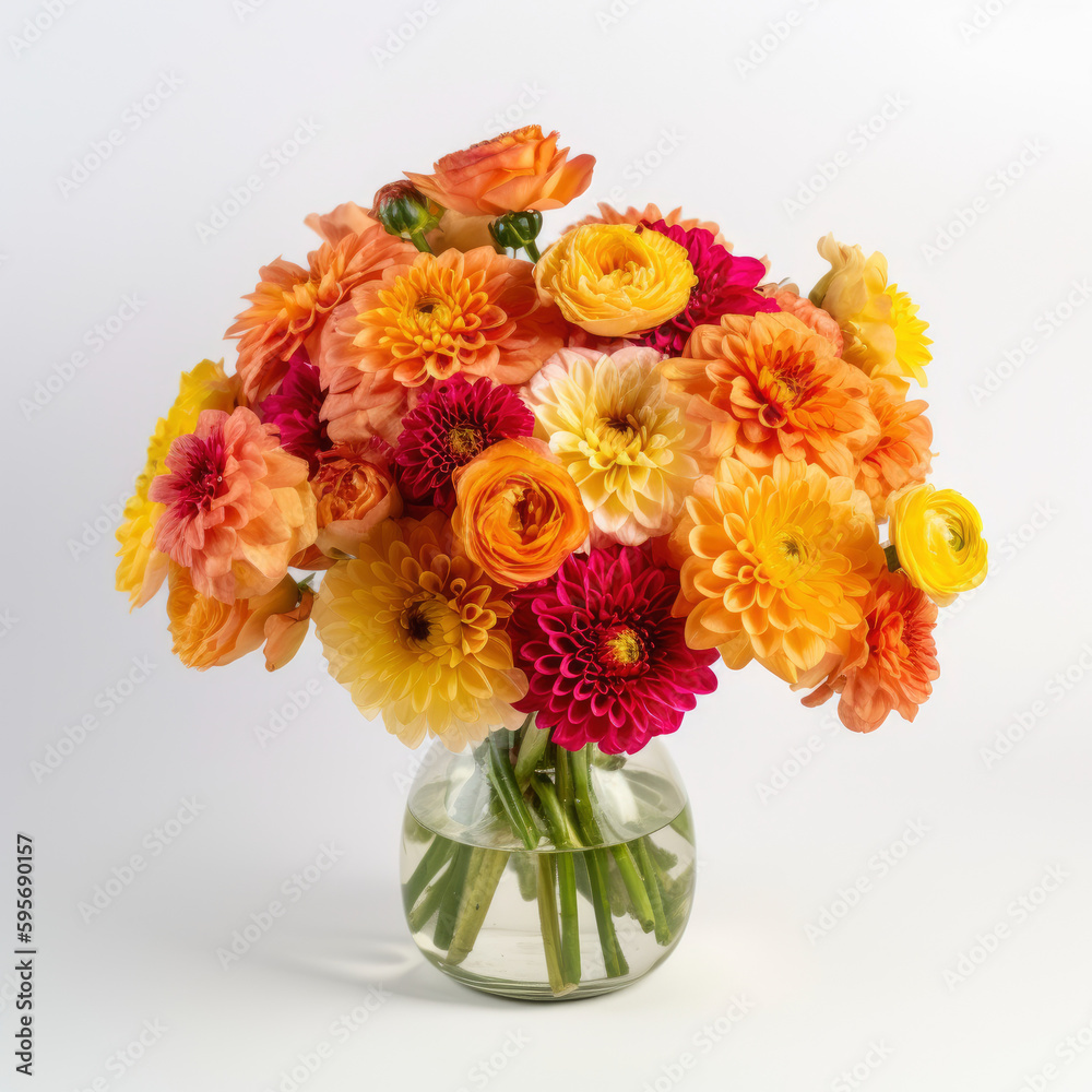 bouquet of yellow orange red happy ranunculus on a white, light background, for wedding, bridal bouquet, festive , gift, for birthday, concept, for florists, designers, interior, congratulations, gift