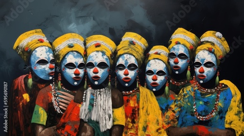 A Picasso inspired painting of Nigerian Egungun masquerades in masks. Generative AI