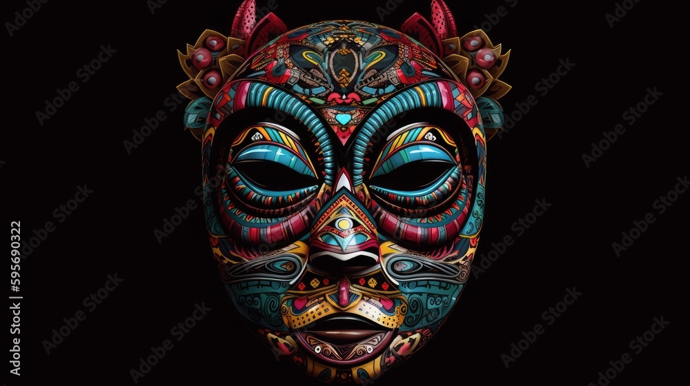 An African tribal mask on a dark background. Generative AI