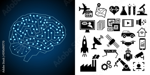 Illustration d’un cerveau sur l’intelligence artificielle avec une collection d’icônes sur différents secteurs d’activité de l’IA : robotique, art, santé, recherche, espace, industrie etc. photo