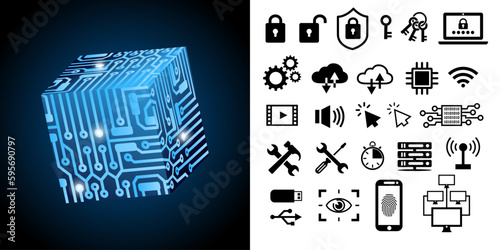 Illustration de microprocesseur en forme de cube avec une collection d’icônes sur la technologie informatique et l’intelligence artificielle : cloud, sécurité, réseau, outil, clef, verrou, wi-fi,, etc