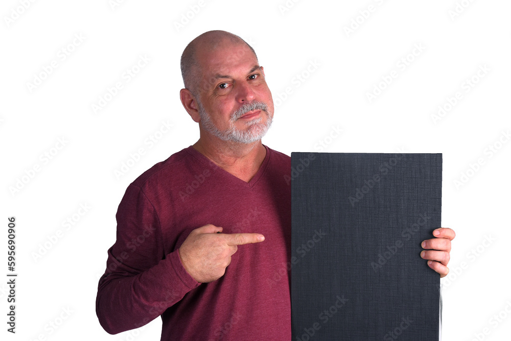 adult bald man with white beard holding blank sign with copy space isolated on white background adult bald man with white beard holding blank sign with copy space isolated on white background