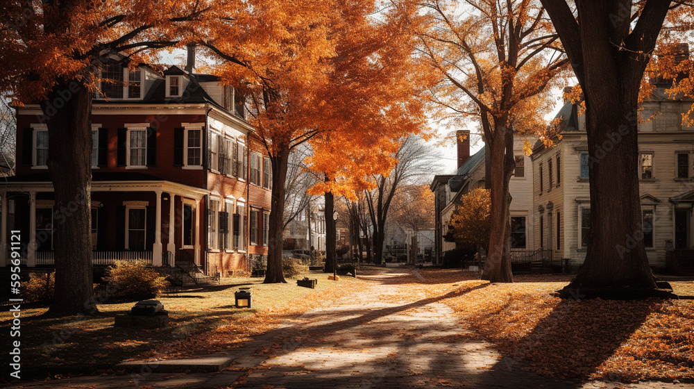 Fototapeta premium A Quaint Village in Fall Foliage - generative ai
