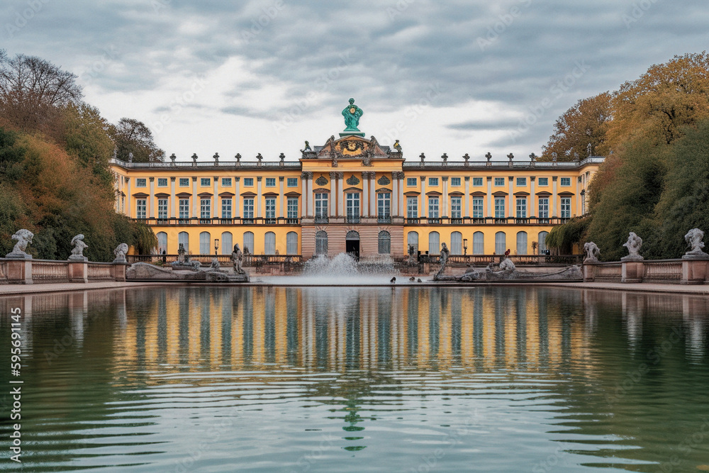 Palace Resembling Sanssouci Palace in Potsdam with Reflection in Fountain Pool - generative ai