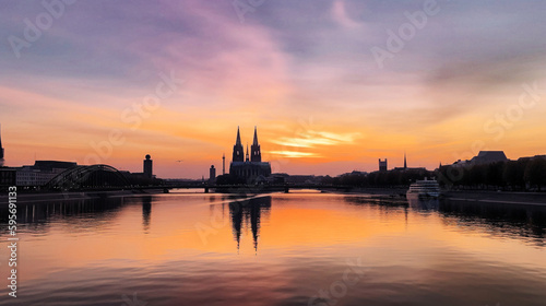 Rhine River at Sunset with Cologne Cathedral in Silhouette - generative ai