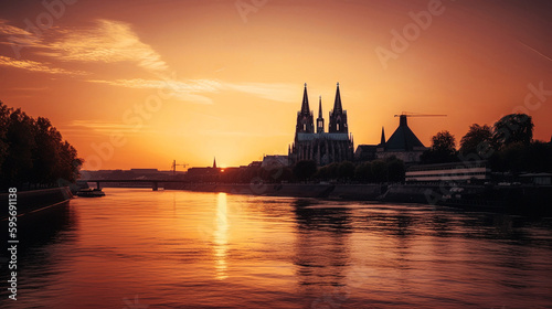 Rhine River at Sunset with Cologne Cathedral in Silhouette - generative ai © Uolir
