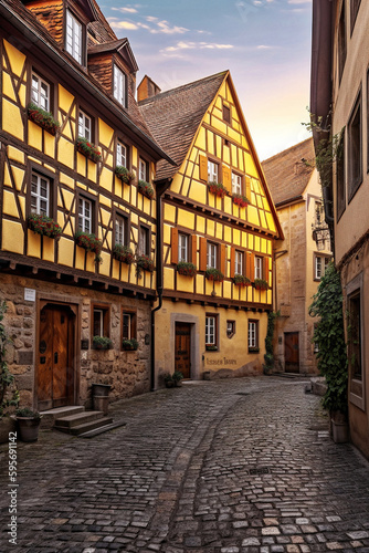 A Photograph of a Town Resembling Rothenburg ob der Tauber's Old Town with Warm Golden Light - generative ai © Uolir