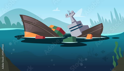 Water pollution. damaged big cargo ship with cracked containers. Vector cartoon background