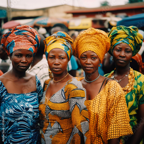 A Group of Women in Brightly Colored Clothing at a Market in Accra, Ghana - generative ai