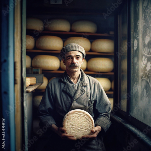 A Portrait of a Local Cheese Maker Holding a Wheel of Tomme - generative ai