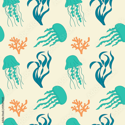 Cartoon Hand drawn Jellyfish and seaweed Background. Seamless Pattern of the Underwater world. Summer cute nautical illustration for covers  fabric print  wallpapers  brochures