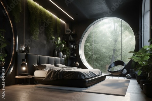 Futuristic eco bedroom with curved black walls, modern and clean design, featuring a tree inside. Fictional interior made with sustainability in mind. Generative AI