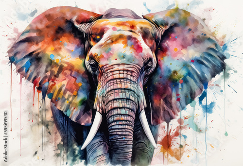 Multicolored ink wash painting of an elephant head  AI  Generative  Generative AI