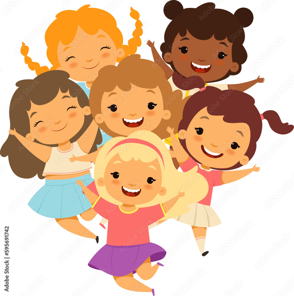 Girls kids group. Happy childs girl studio, diverse kindergarten female children cartoon vector illustration for birthday collage Girls kids group. Happy childs girl studio, diverse kindergarten female children cartoon vector illustration for birthday collage