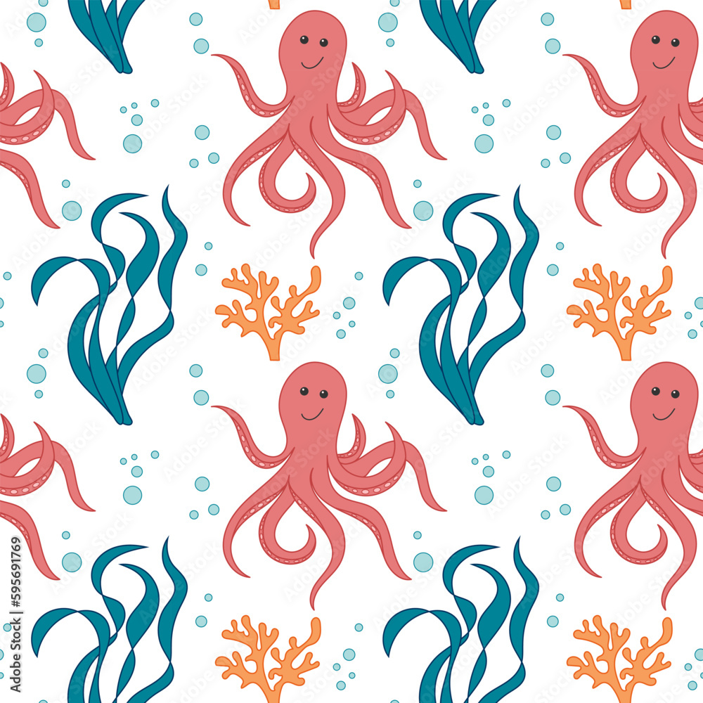 Seamless pattern of the underwater world. Cartoon octopus and seaweed background. Great for printing on fabric, covers, wallpapers, flyers Seamless pattern of the underwater world. Cartoon octopus and seaweed background. Great for printing on fabric, covers, wallpapers, flyers