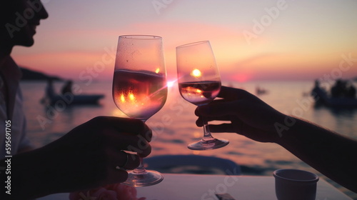romantic couple, friends party , group of people sit and relax in beach cafe restaurant and congratulate each other with glasses of champagne in their hands, sunset ,generated ai