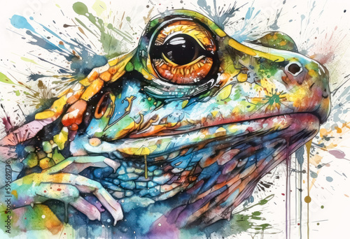 Multicolored ink wash painting of a upper body treefrog head, AI, Generative, Generative AI