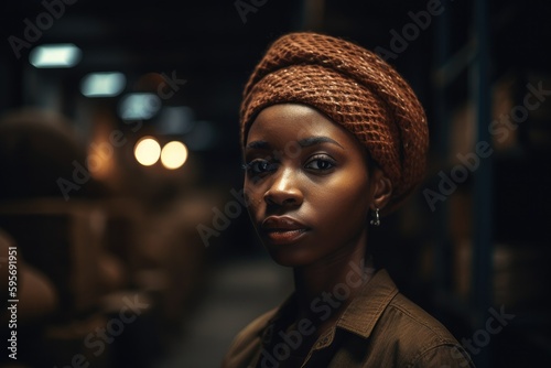 Black woman industry worker in warehouse, Generative AI
