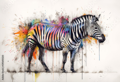 Multicolored ink wash painting of a full body zebra standing  AI  Generative  Generative AI