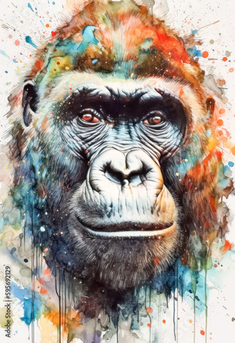 Multicolored ink wash painting of a gorilla head, AI, Generative, Generative AI