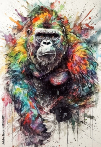 Multicolored ink wash painting of a front view gorilla walking, AI, Generative, Generative AI