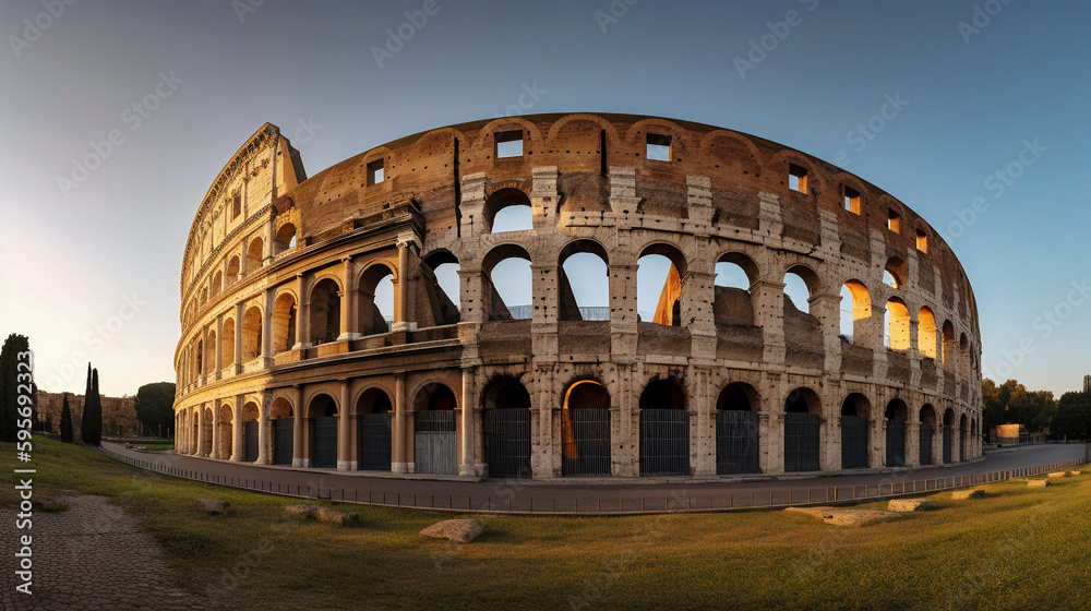 A stunning view of the Colosseum at dawn with the warm glow - generative AI