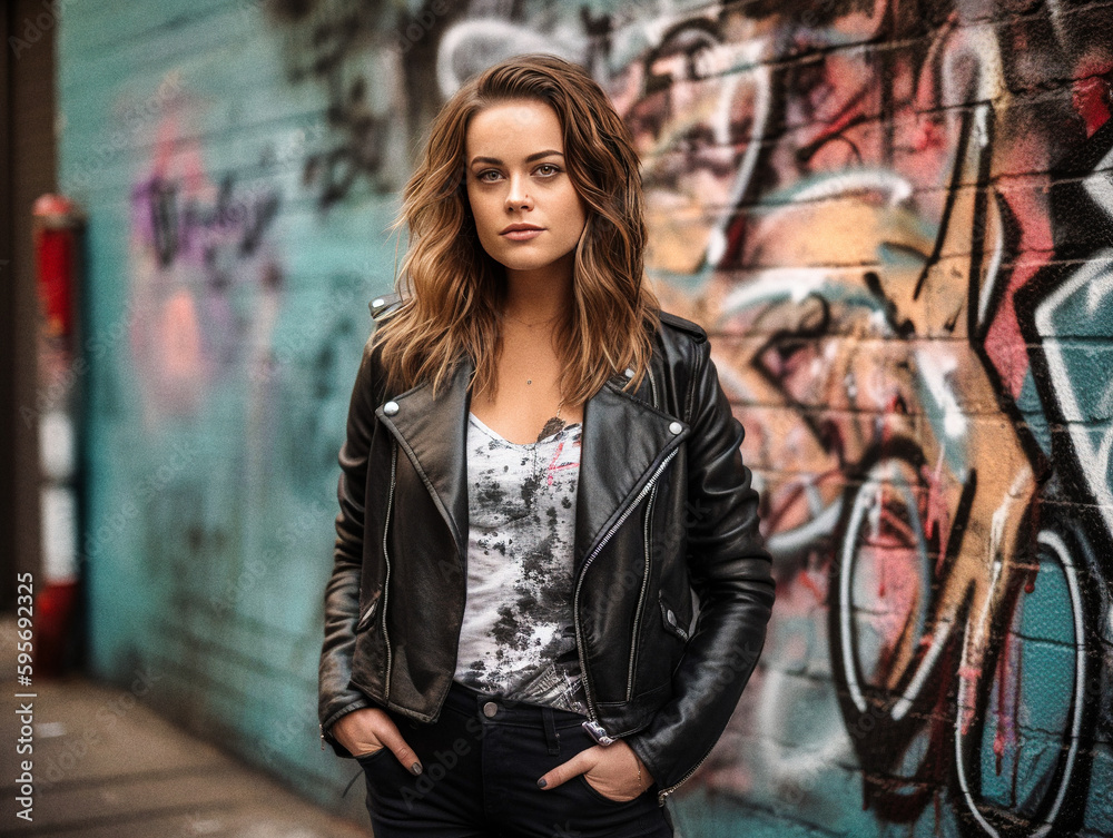 Stylish Young Woman Against Graffiti Wall - generative AI