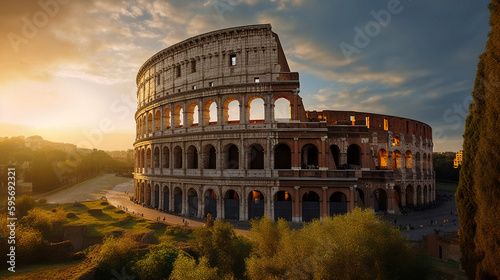 A stunning view of the Colosseum at dawn with the warm glow - generative AI