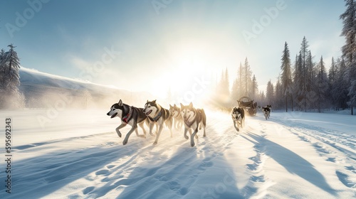 A team of sled dogs pulling a sled across the snowy landscape. Generative AI