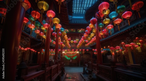 A Taoist temple with colorful lanterns in Taiwan. Generative AI