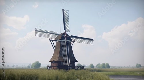 A traditional Dutch windmill in the country. Generative AI