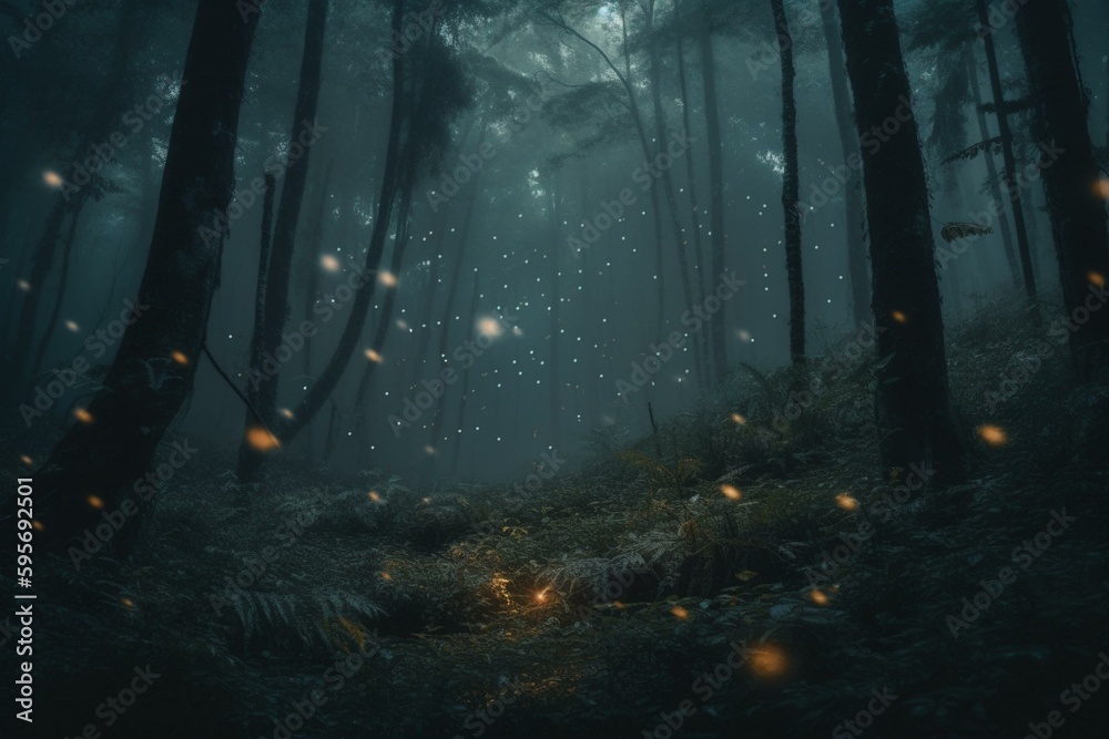 Fantastical forest with fireflies, misty surreal environment ...