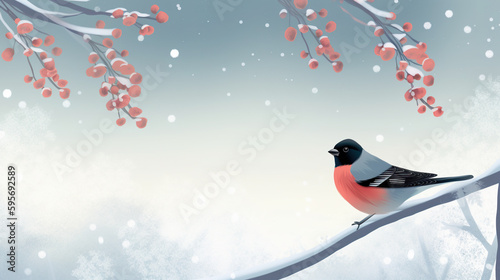 Cute bullfinch bird sits on twig with red rowan berries, Christmas greeting card, AI generative illustration, copy-space