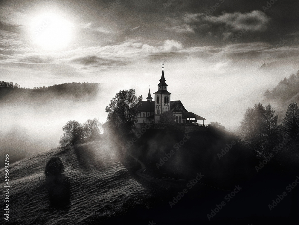 A Wooden Church on a Hill in Mist with Sunbeams Lighting - generative ai