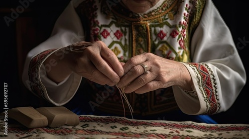 A woman's hand-embroidering traditional clothes. Generative AI
