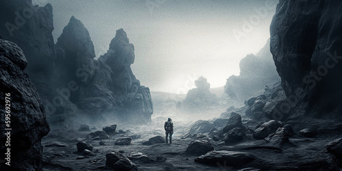 A Cosmonaut Facing an Alien Landscape with Strange Rock Formations - generative ai