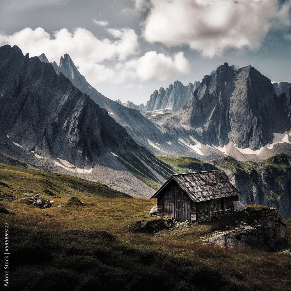 Majestic mountain range with a small cabin in the landscape - generative ai