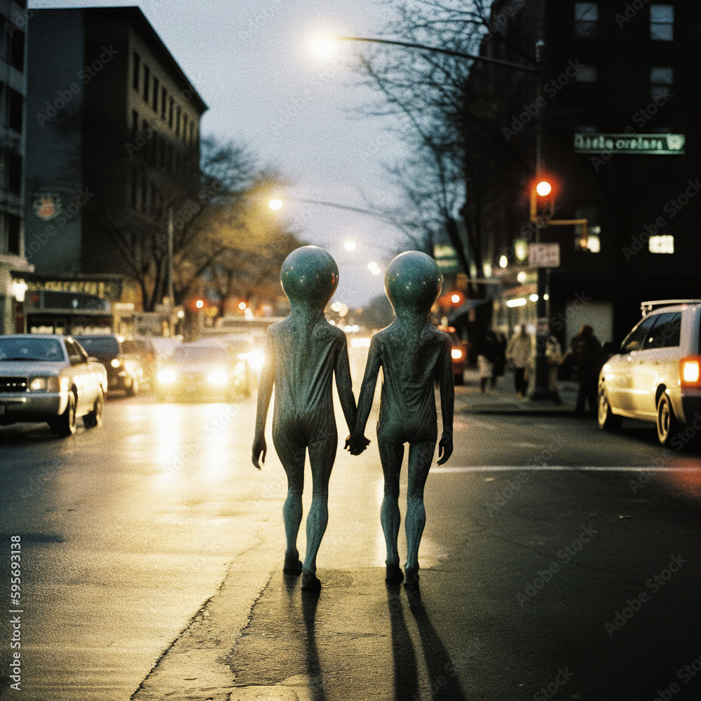 Extraterrestrial couple walking hand in hand on a city street - generative ai