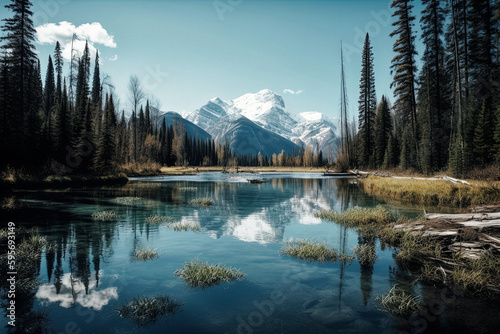 Mountain range reflecting in a lake, sunny day - generative ai