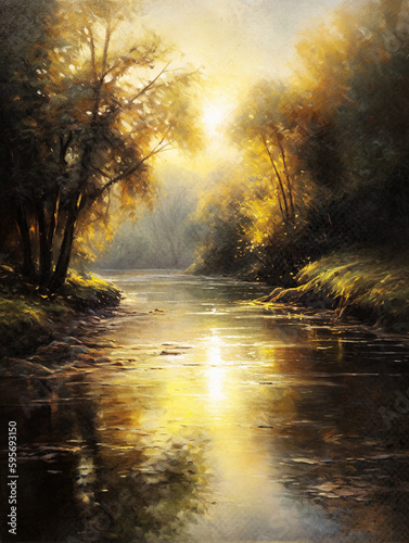 Painting of a romantic river in the woods during golden hour - generative ai