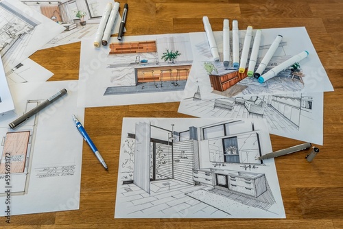 Interior design sketching. Designer's desk with blueprints, sketches, and drawing tools