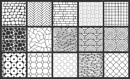 Pavement pattern. Black ink seamless illustrations of wall and road surfaces recent vector paving textures
