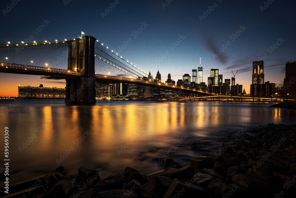 Night View of Brooklyn Bridge - generative ai