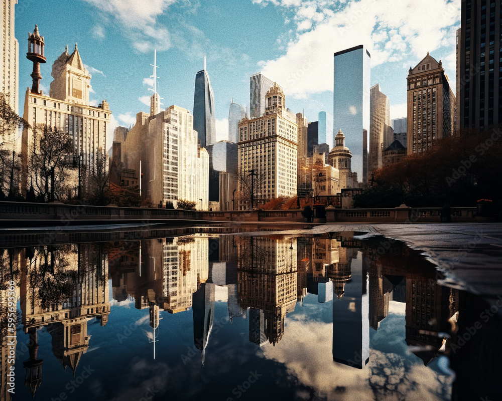 Naklejka premium Manhattan Reflections: A Stunning Cityscape by the River - generative ai