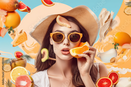 Generative AI illustration of confident young female model with long brown hair in trendy straw hat and sunglasses looking at camera with fresh ripe orange in hand amidst topical fruits