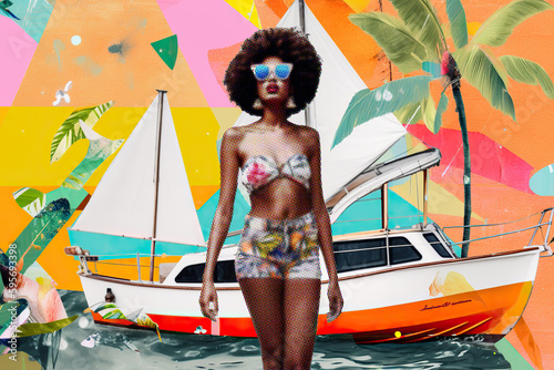 Generative AI illustration of calm African American woman with Afro hairstyle wearing sunglasses standing near a bot and palm trees against colorful background representing summer concept