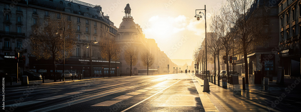 View of a wide Parisian avenue during golden hour with the sun in front - generative ai - obrazy, fototapety, plakaty 