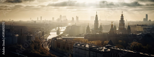 Beautiful cityscape of Moscow with beautiful light rays - generative ai